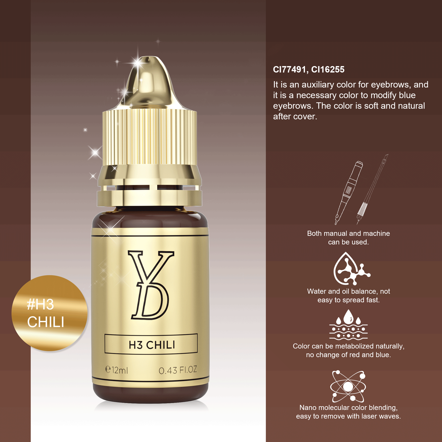 YD Brow HY Pigment 12ml/Bottle Gold Cap