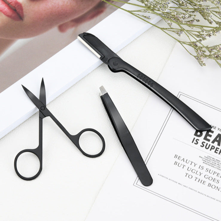 3-in-1 Stainless Steel Eyebrow Grooming Kit – Precision Tweezers, Scissors & Razor for Perfect Brows