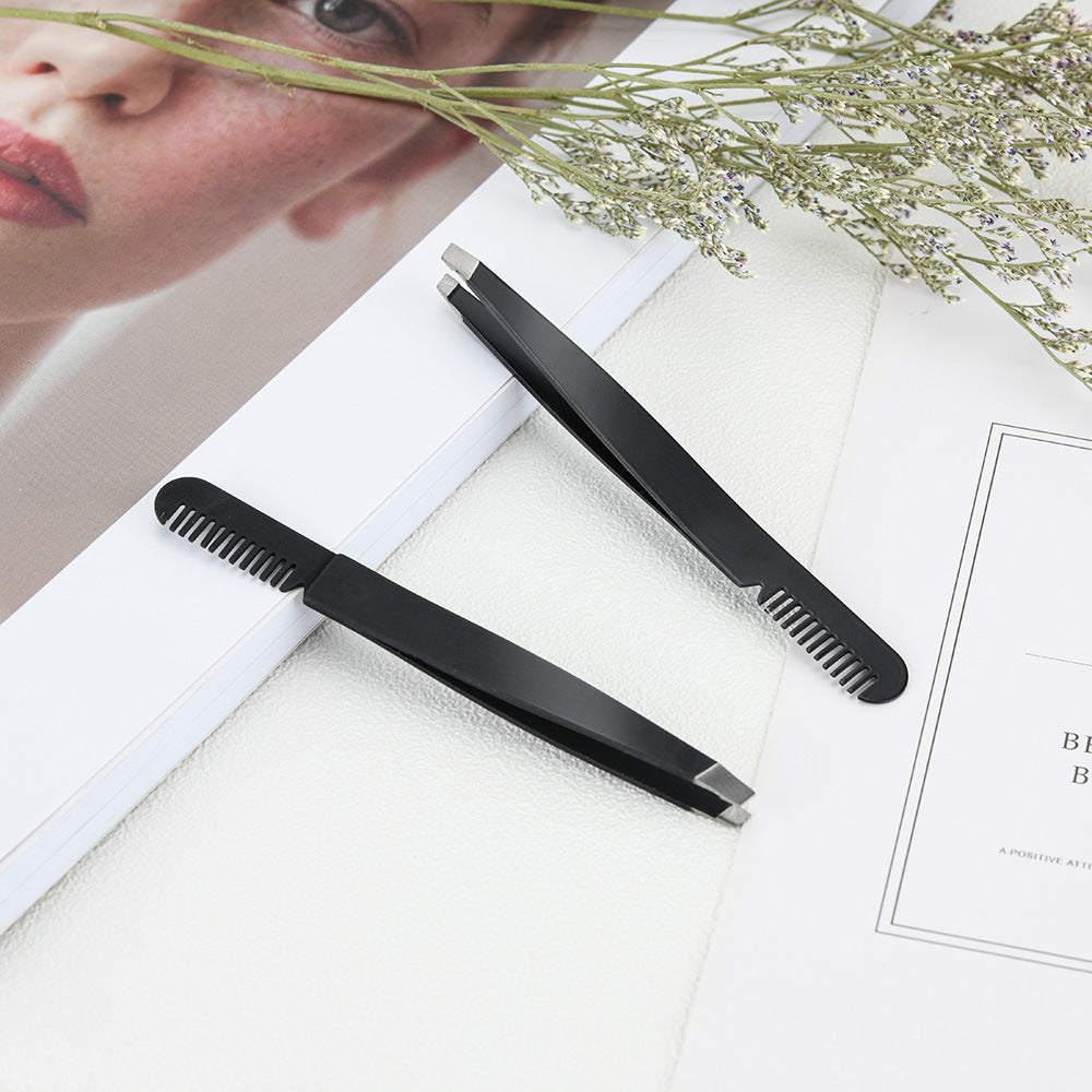 2-in-1 Stainless Steel Eyebrow Tweezers with Comb – Precision Grooming Tool for Eyebrows & Facial Hair