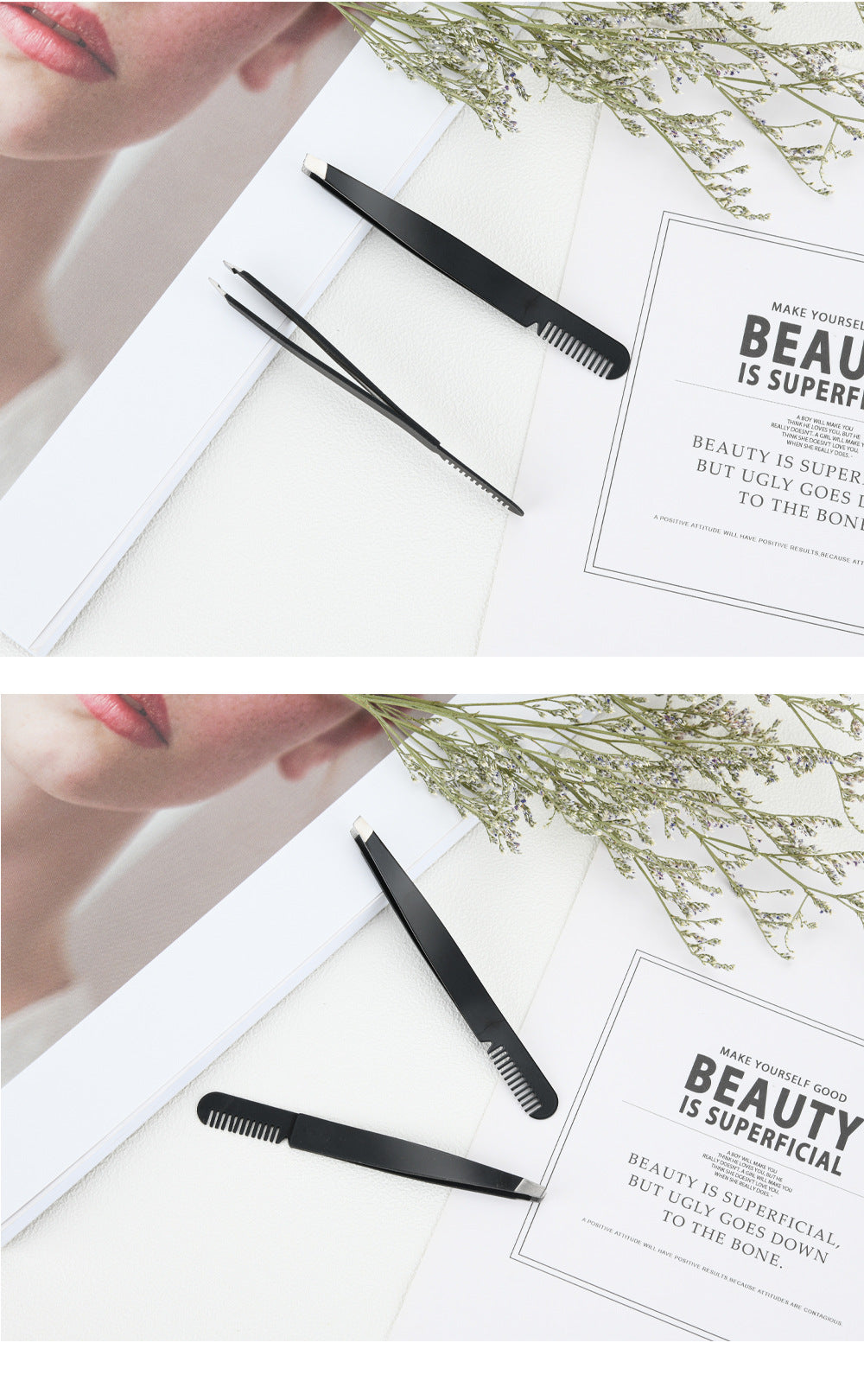 2-in-1 Stainless Steel Eyebrow Tweezers with Comb – Precision Grooming Tool for Eyebrows & Facial Hair