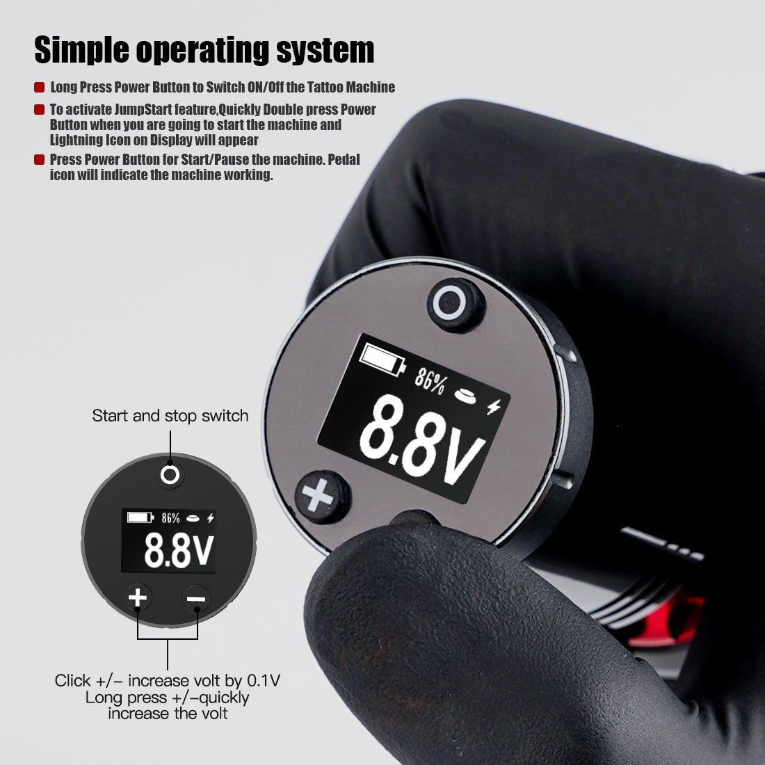 Arena Wireless RCA Connection OLED Display Voltage Screen PMU Tattoo Battery