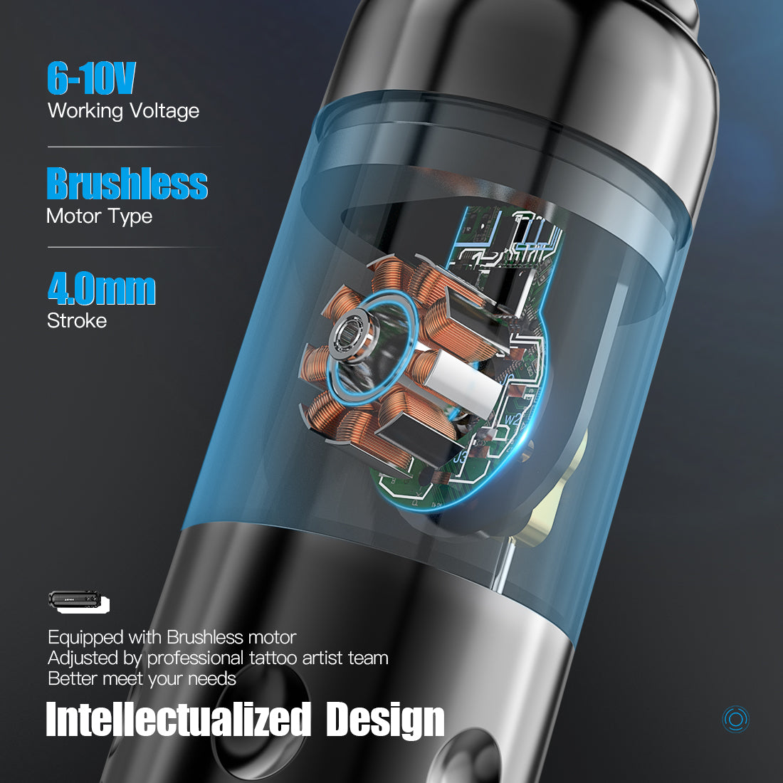 Máquina de tatuaje con sensor de mástil PMU y conexión RCA, 4 mm de recorrido, WQ827