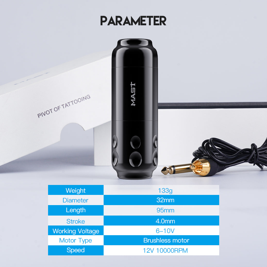 Máquina de tatuaje con sensor de mástil PMU y conexión RCA, 4 mm de recorrido, WQ827