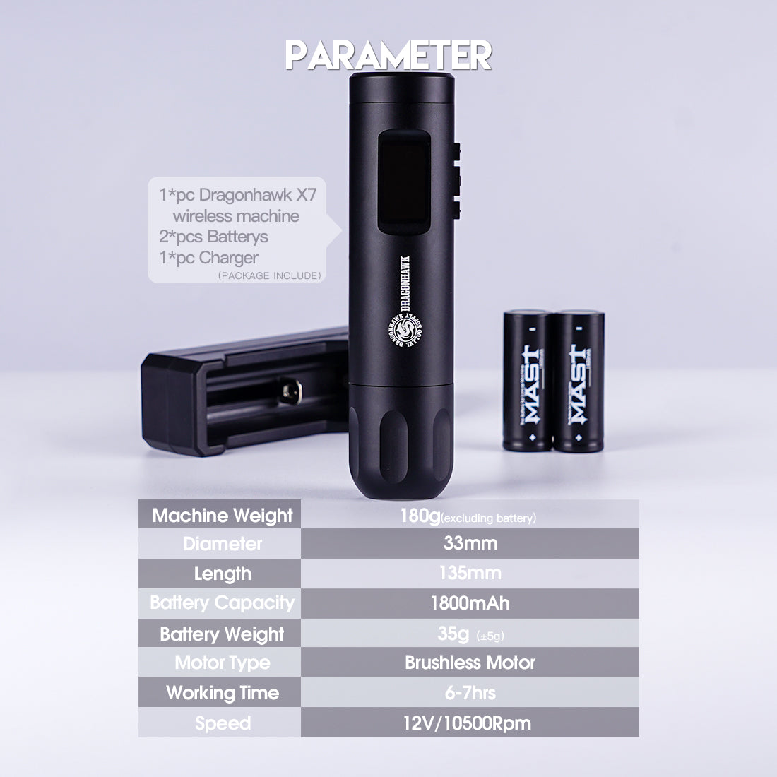 Dragonhawk X7 Wireless PMU Tattoo Pen Machine - Brushless Motor with 3.5MM Stroke and Smart Screen