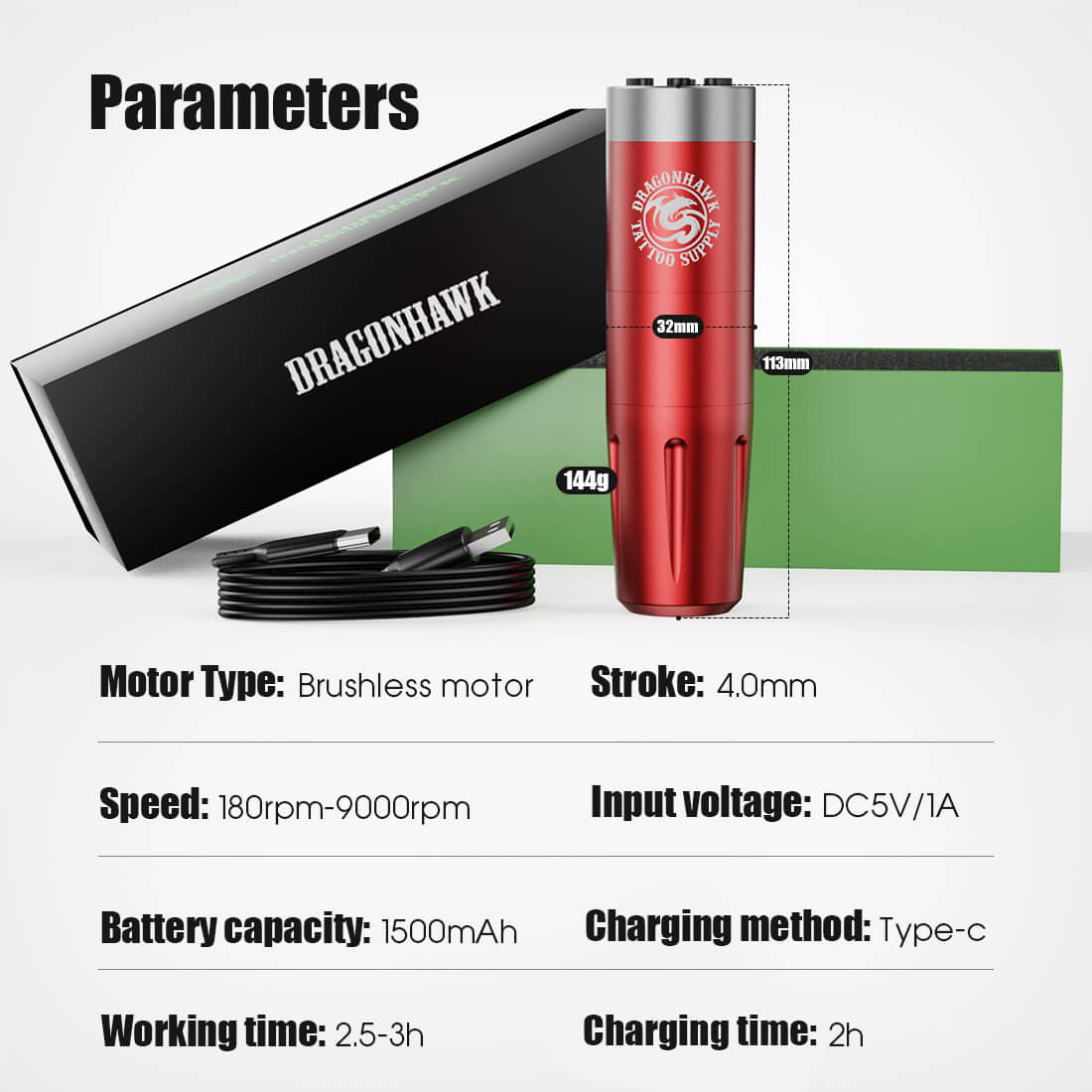 Dragonhawk X8 Wireless PMU Tattoo Pen Machine with Adjustable Frequency - Free Shipping