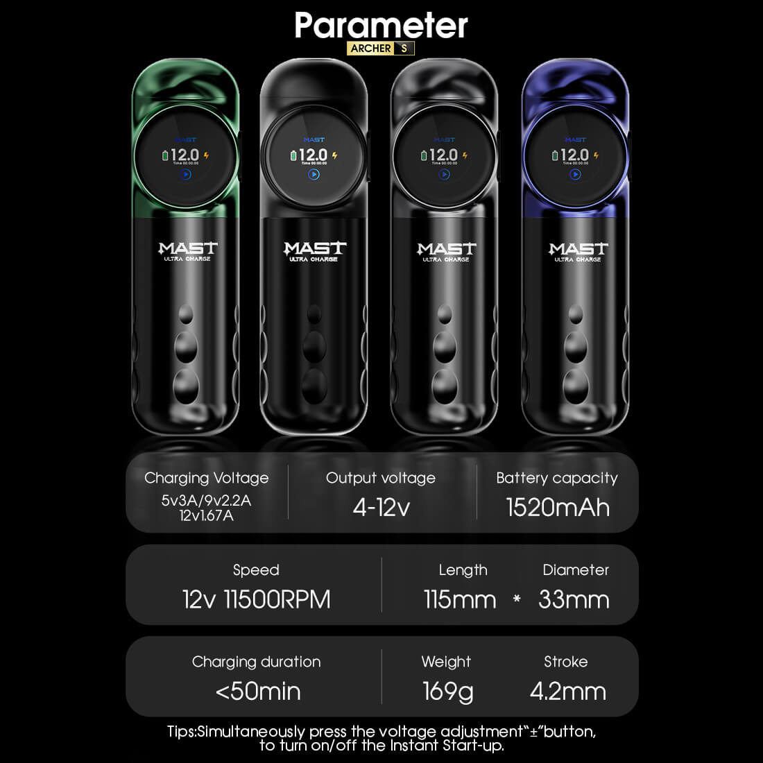 Mast Archer S Wireless Tattoo Pen Machine with 4.2MM Stroke Ultra Fast Charging - Free Shipping