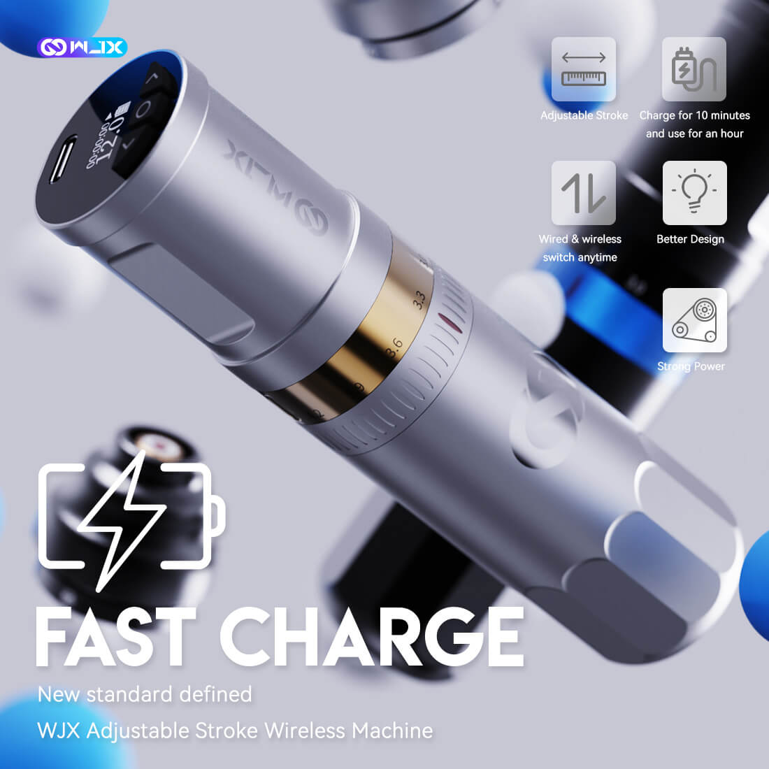 WJX W3 Wireless PMU Tattoo Pen Machine 2.4-4.2MM Strokes Fast Charging