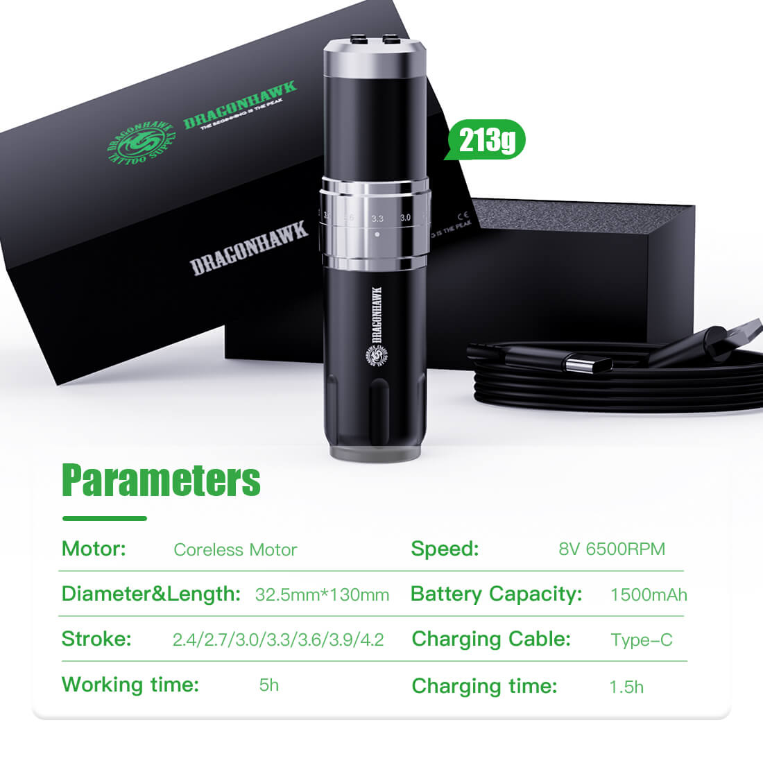 Dragonhawk Fold 3 Wireless PMU Tattoo Pen Machine with 7 Stroke Lengths