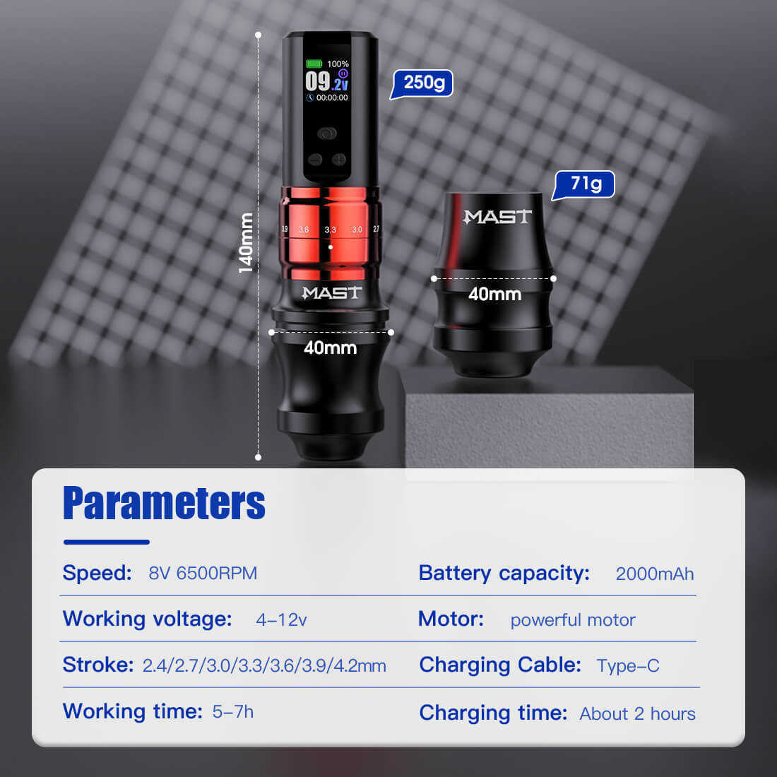 Mast Fold 2 Pro Wireless PMU Tattoo Pen Machine 2.4-4.2MM Stroke Length | Includes Two Grips - Free Shipping