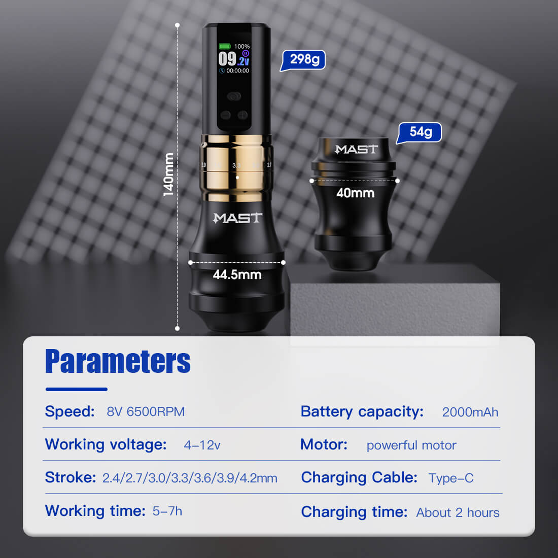 Mast Fold 2 Pro Wireless PMU Tattoo Pen Machine 2.4-4.2MM Stroke Length | Includes Two Grips - Free Shipping