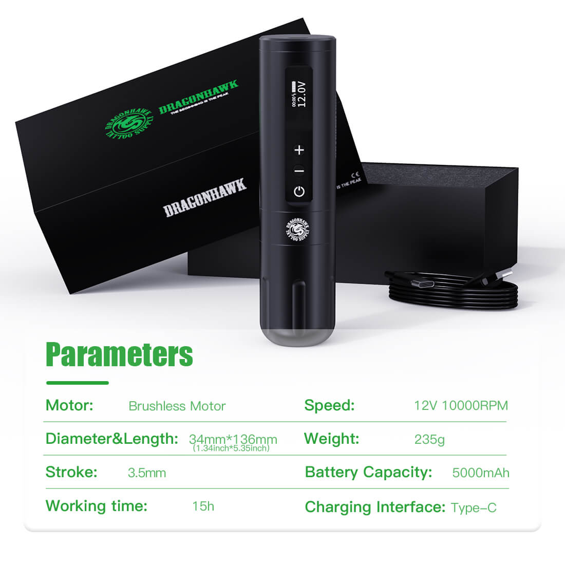 Dragonhawk X10 Wireless PMU Tattoo Pen Machine with 3.5MM Stroke and Brushless Motor – Free Shipping