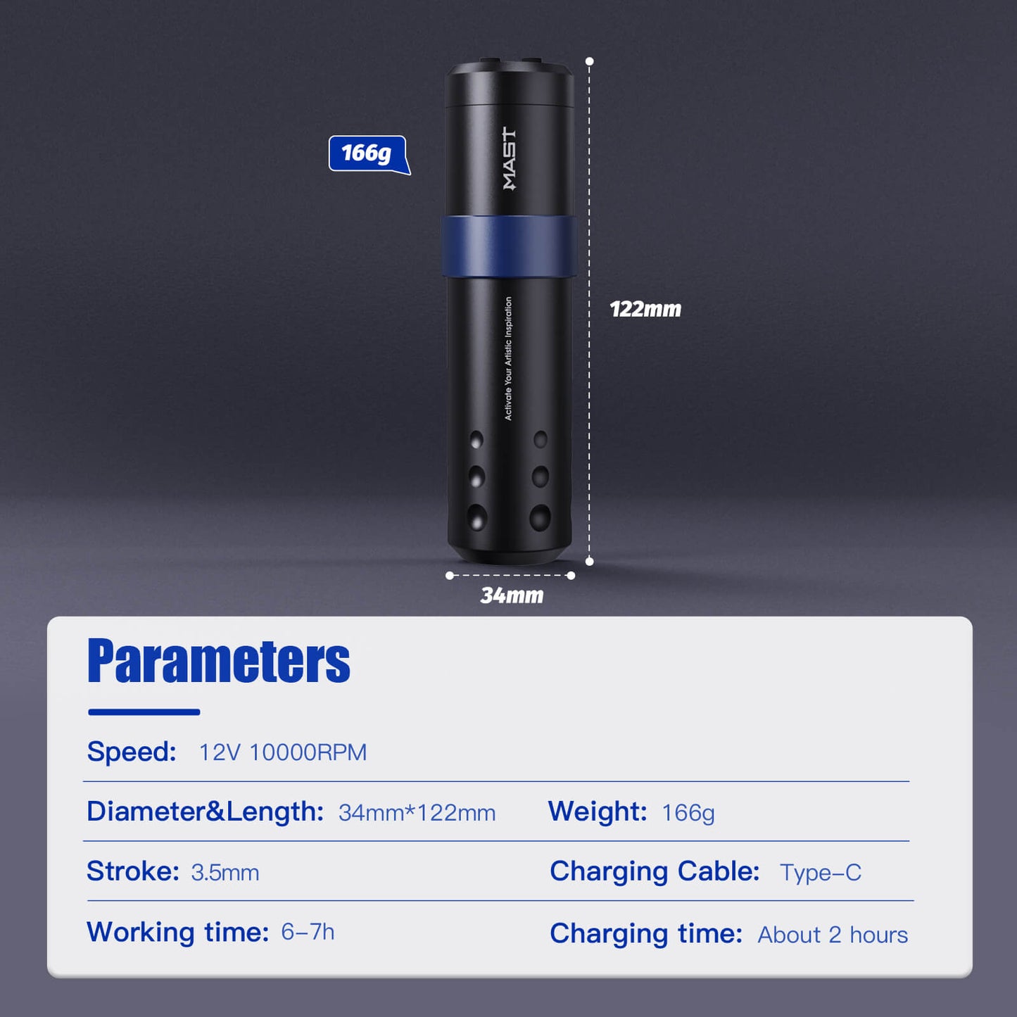 Mast A3 Wireless PMU Tattoo Pen Machine with 3.5MM Stroke - Free Shipping