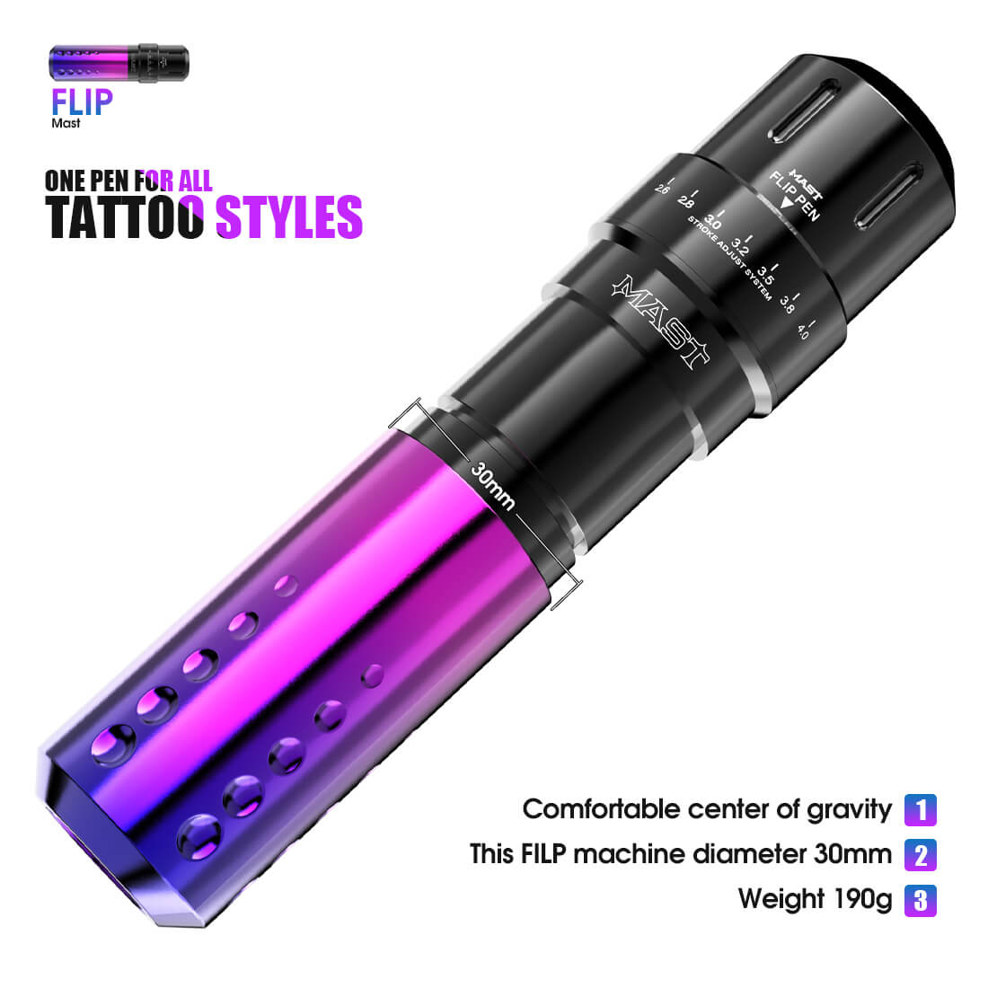Mast Flip PMU Tattoo Machine Rotary Pen 2.6-4.0MM 6 Strokes Adjustment WQ829