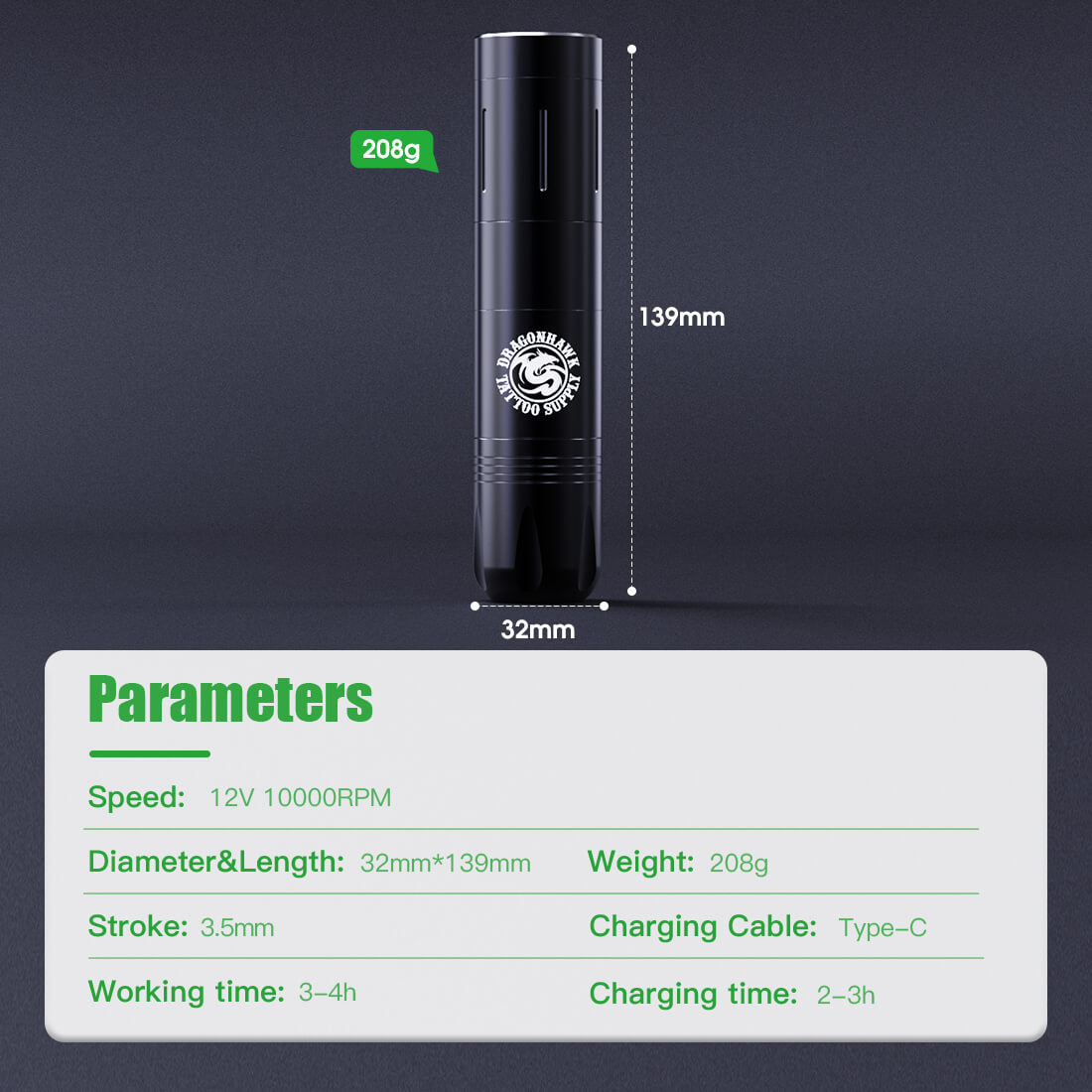 Dragonhawk Wireless Tattoo Pen Machine with 3.5MM Stroke | X3 Pro (2 Batteries ver.)