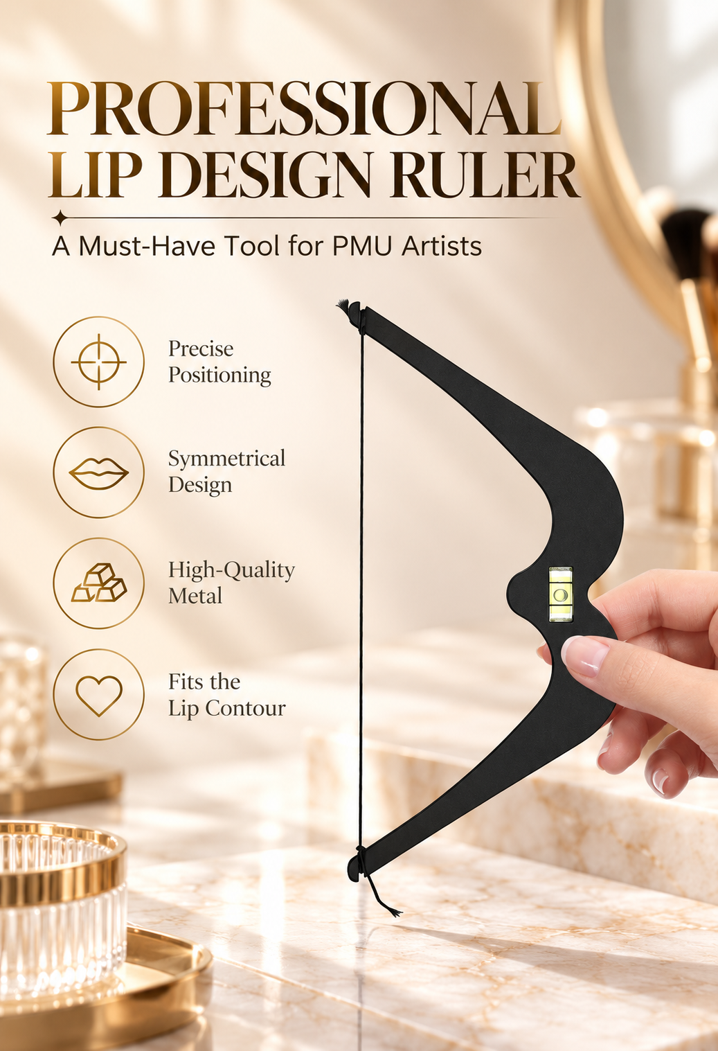 Professional PMU Lip Mapping Ruler with Bubble Level – Metal Lip Symmetry Design Tool