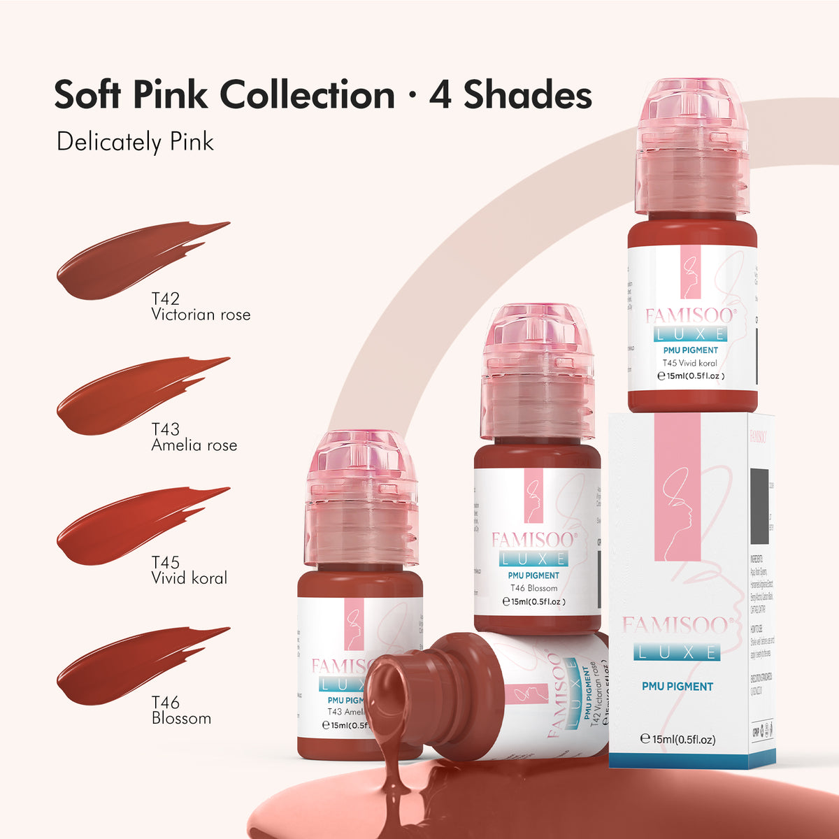 FAMISOO® LUXE Rose Professional PMU Pigment 15ml – Liquid & Cream Colors for Brows, Lips & Eyeliner