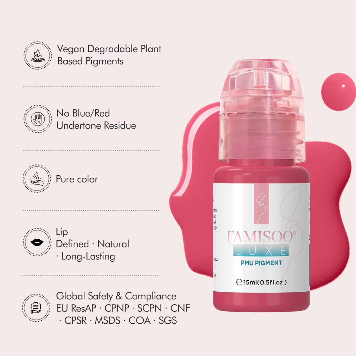 FAMISOO® LUXE Rose Professional PMU Pigment 15ml – Liquid & Cream Colors for Brows, Lips & Eyeliner
