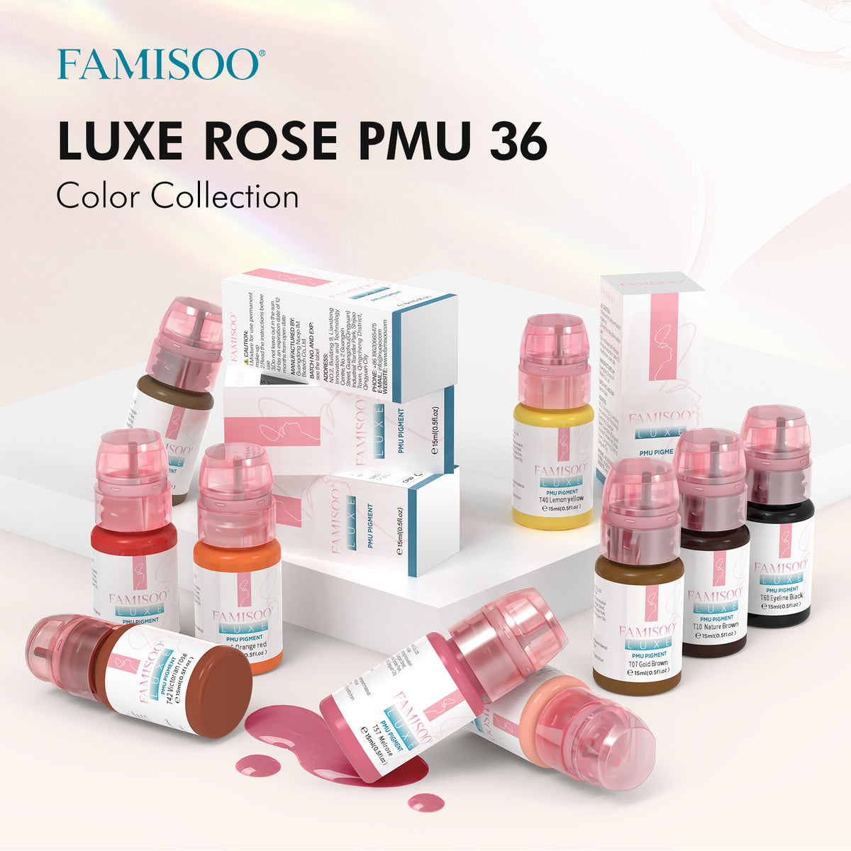 FAMISOO® LUXE Rose Professional PMU Pigment 15ml – Liquid & Cream Colors for Brows, Lips & Eyeliner