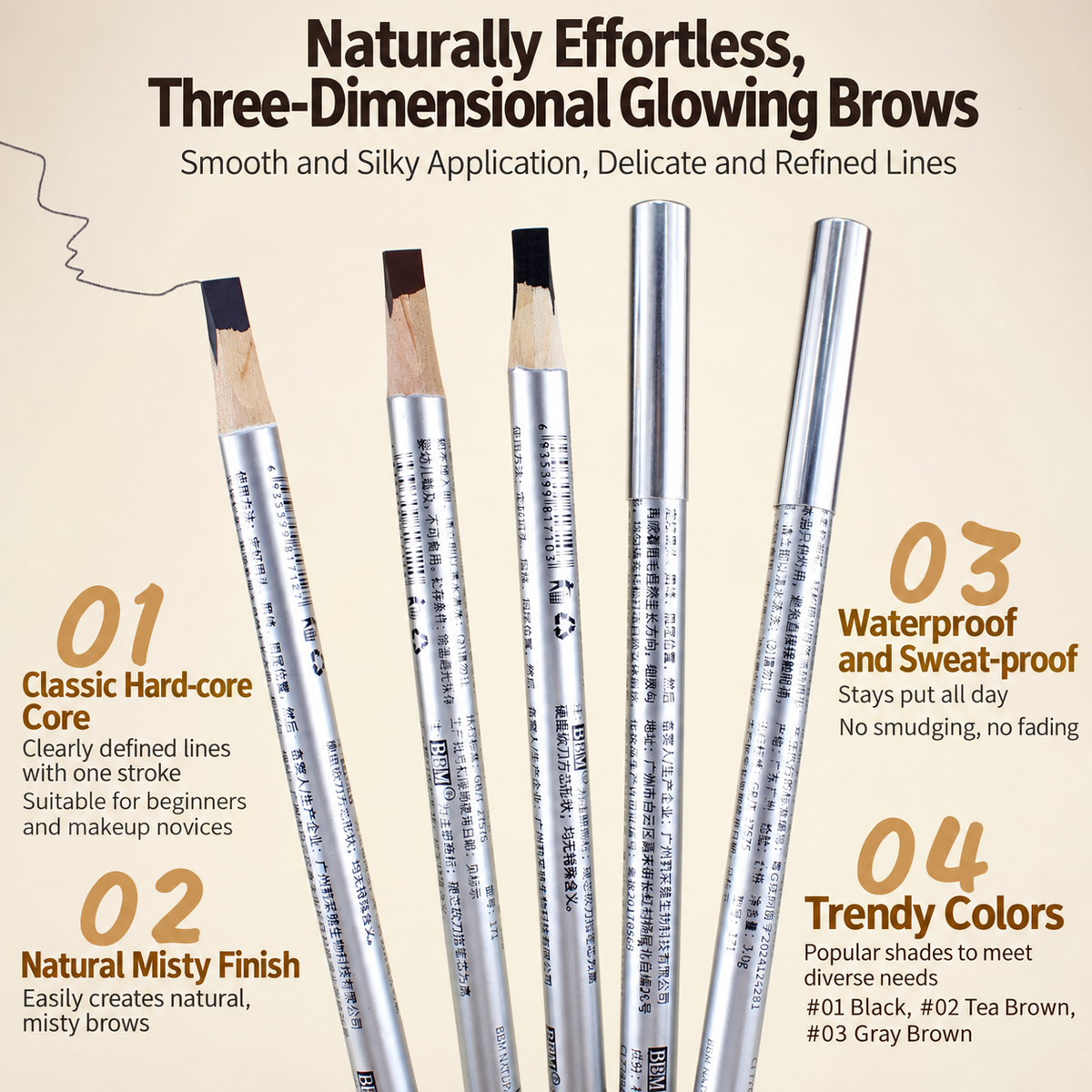 BBM Natural Lightweight Hard-Core Chisel Eyebrow Pencil – Waterproof Brow Mapping & Makeup Pencil – 12PCS/Pack