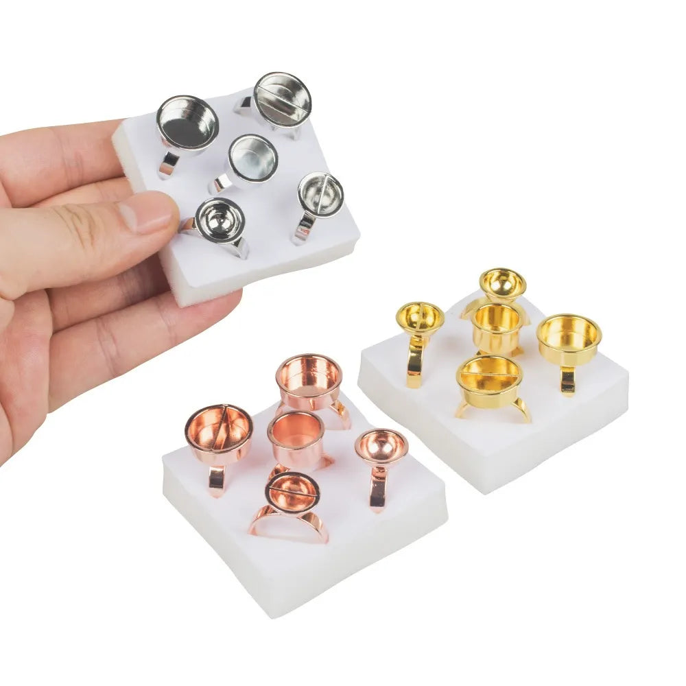 5-Piece Metal Pigment Ring Cup Set – Rose Gold, Gold & Silver | PMU Microblading Ink Cup Holder Kit