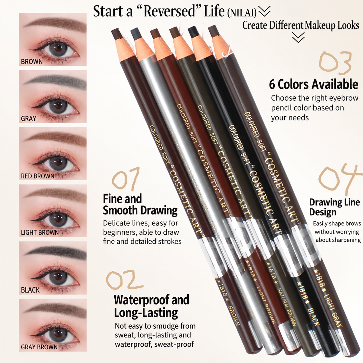 NILAI 1818 Professional Pull-String Eyebrow Pencil – Waterproof Flat-Tip Brow Mapping & Makeup Pencil - 12PCS/PACK