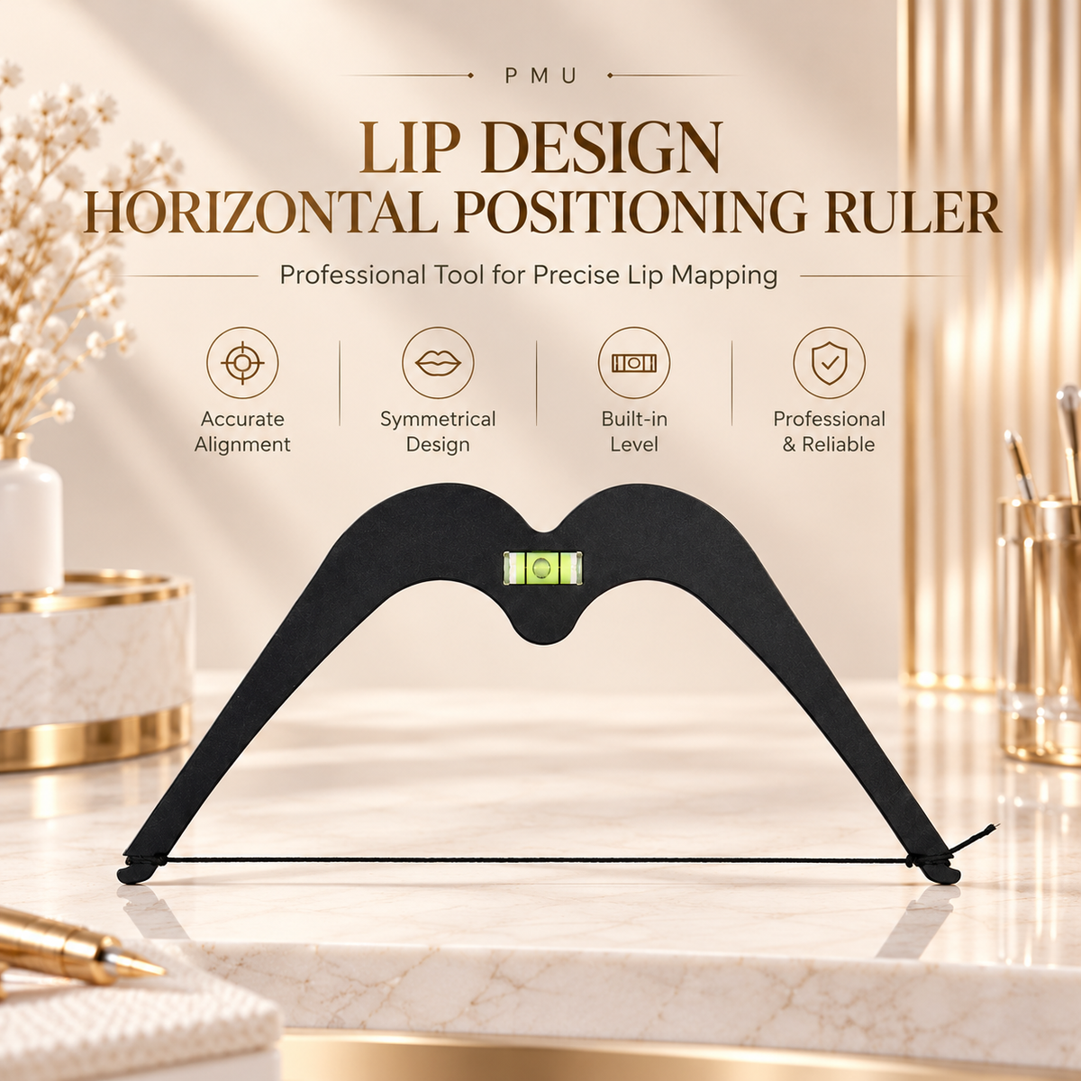 Professional PMU Lip Mapping Ruler with Bubble Level – Metal Lip Symmetry Design Tool