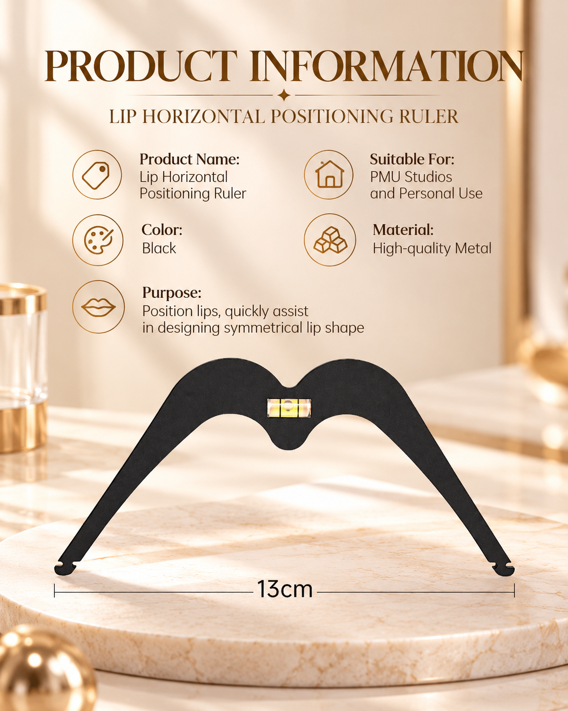 Professional PMU Lip Mapping Ruler with Bubble Level – Metal Lip Symmetry Design Tool