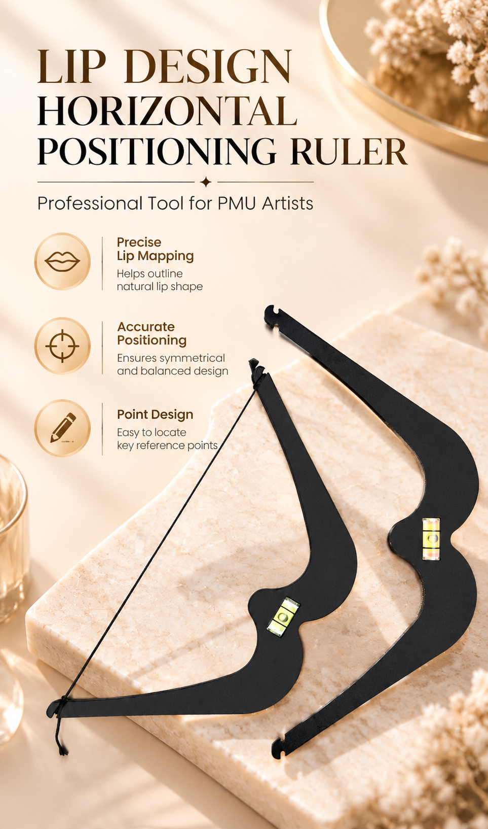 Professional PMU Lip Mapping Ruler with Bubble Level – Metal Lip Symmetry Design Tool