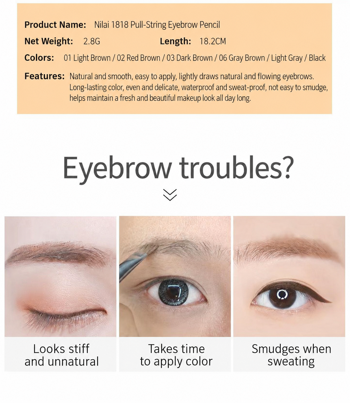 NILAI 1818 Professional Pull-String Eyebrow Pencil – Waterproof Flat-Tip Brow Mapping & Makeup Pencil - 12PCS/PACK