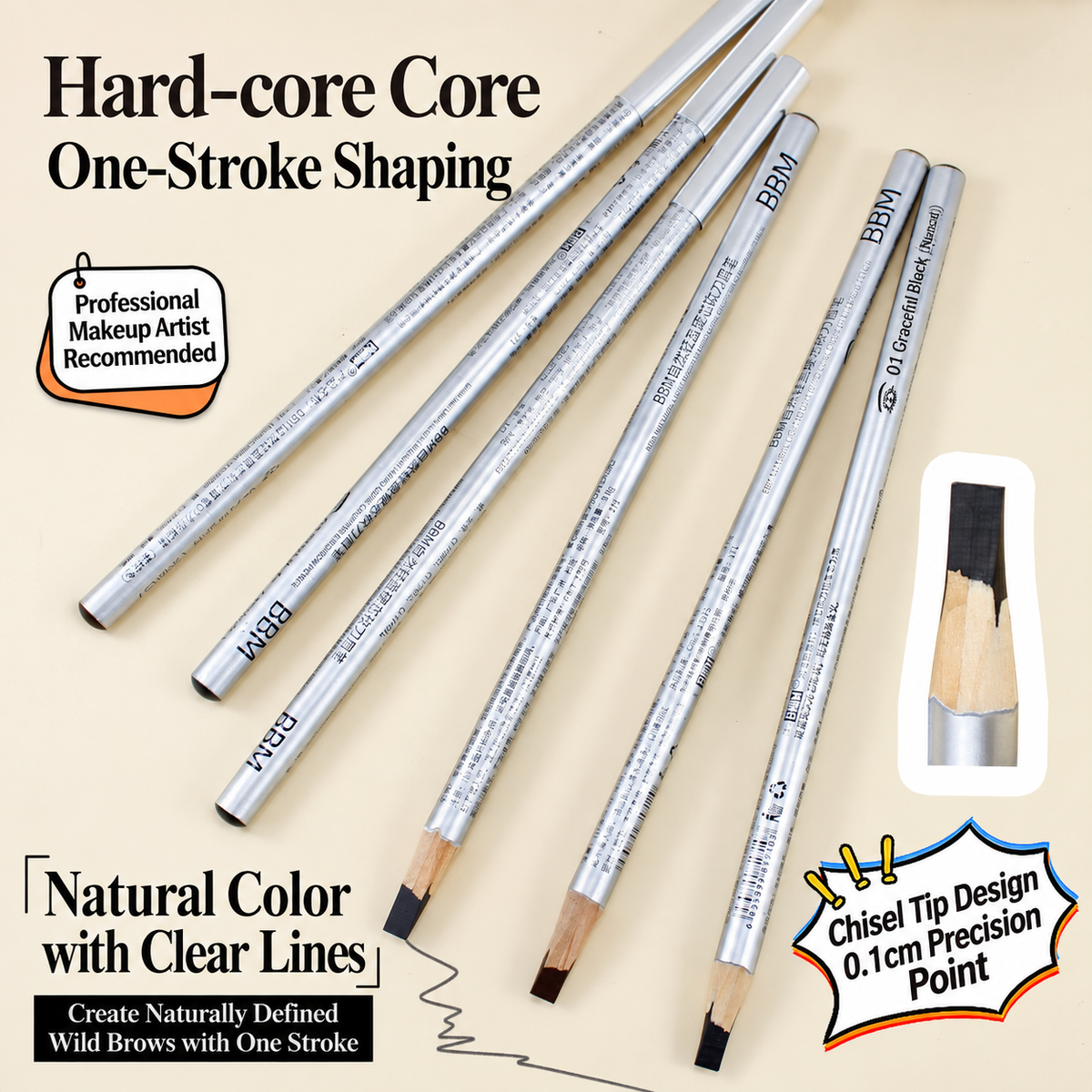 BBM Natural Lightweight Hard-Core Chisel Eyebrow Pencil – Waterproof Brow Mapping & Makeup Pencil – 12PCS/Pack