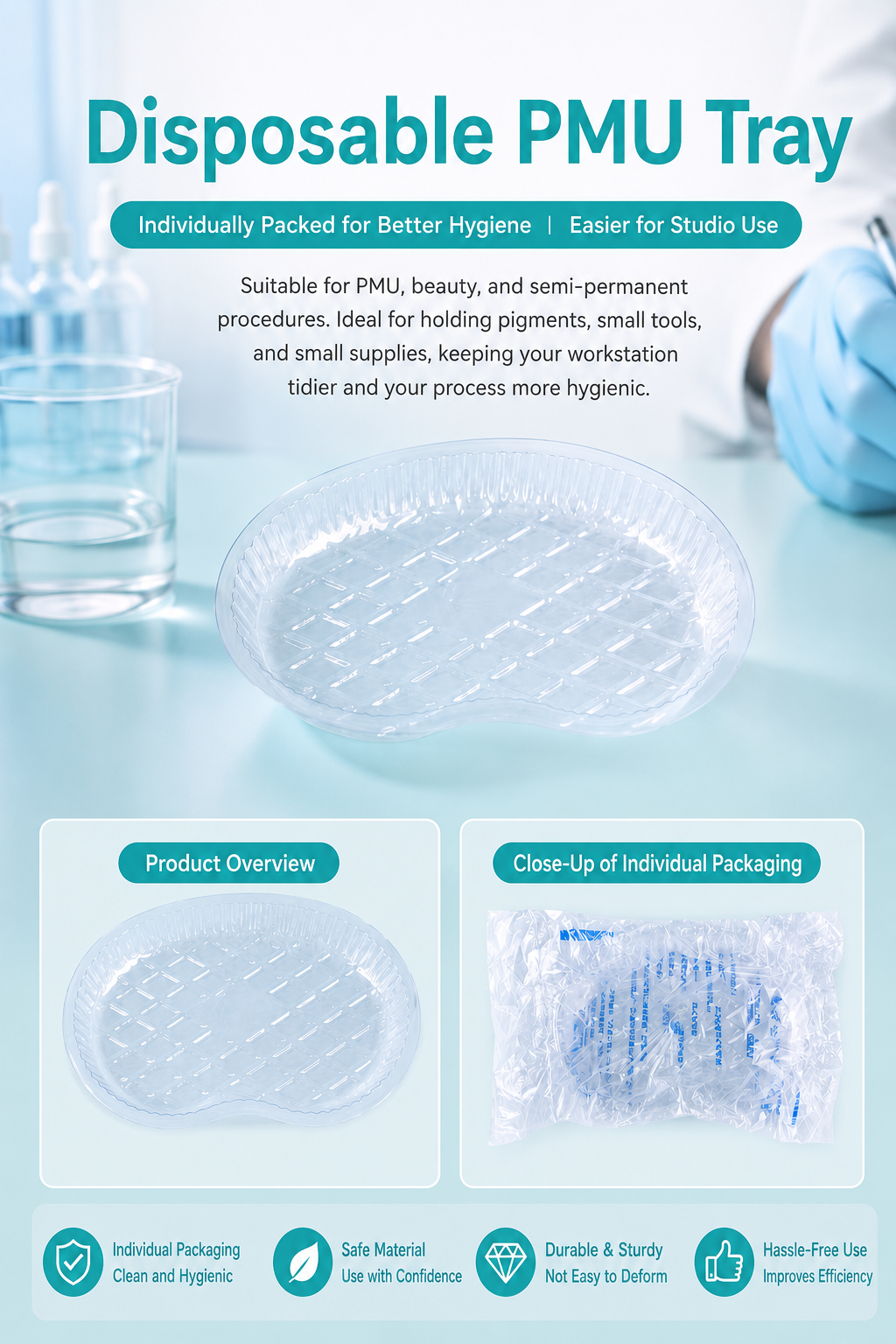 Disposable PMU Tray – Individually Wrapped Hygienic Kidney-Shaped Tray for PMU, Tattoo & Beauty Procedures