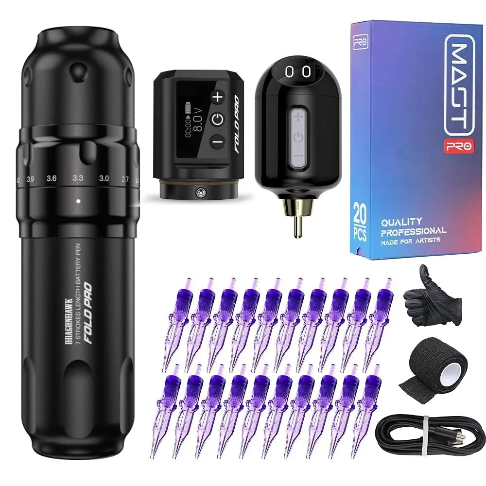 Dragonhawk Fold Pro Wireless PMU Tattoo Pen Machine with 7 Stroke Lengths - Free Shipping