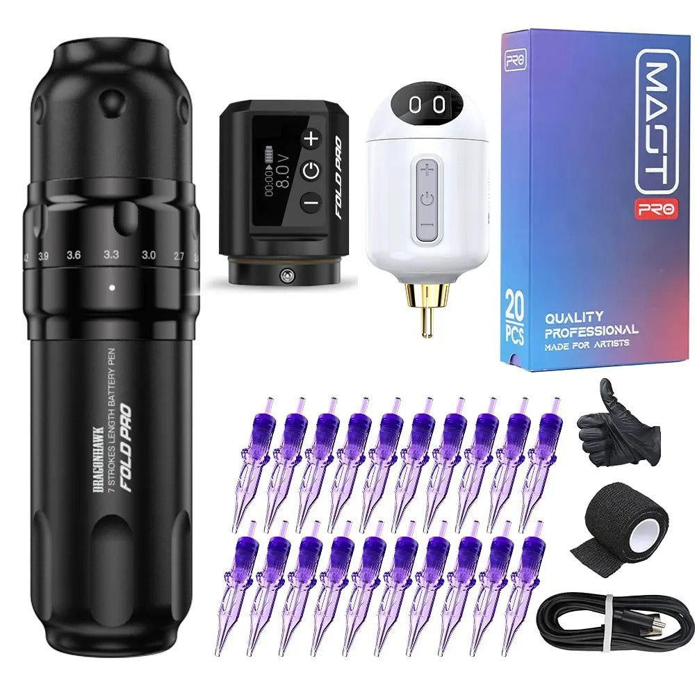 Dragonhawk Fold Pro Wireless PMU Tattoo Pen Machine with 7 Stroke Lengths - Free Shipping