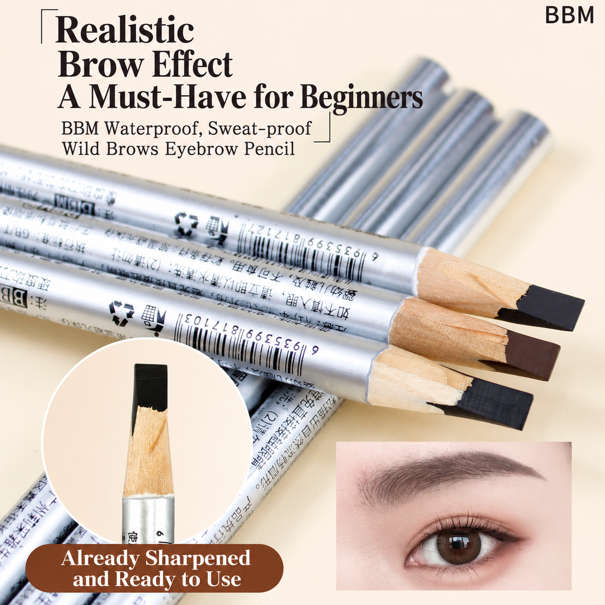 BBM Natural Lightweight Hard-Core Chisel Eyebrow Pencil – Waterproof Brow Mapping & Makeup Pencil – 12PCS/Pack