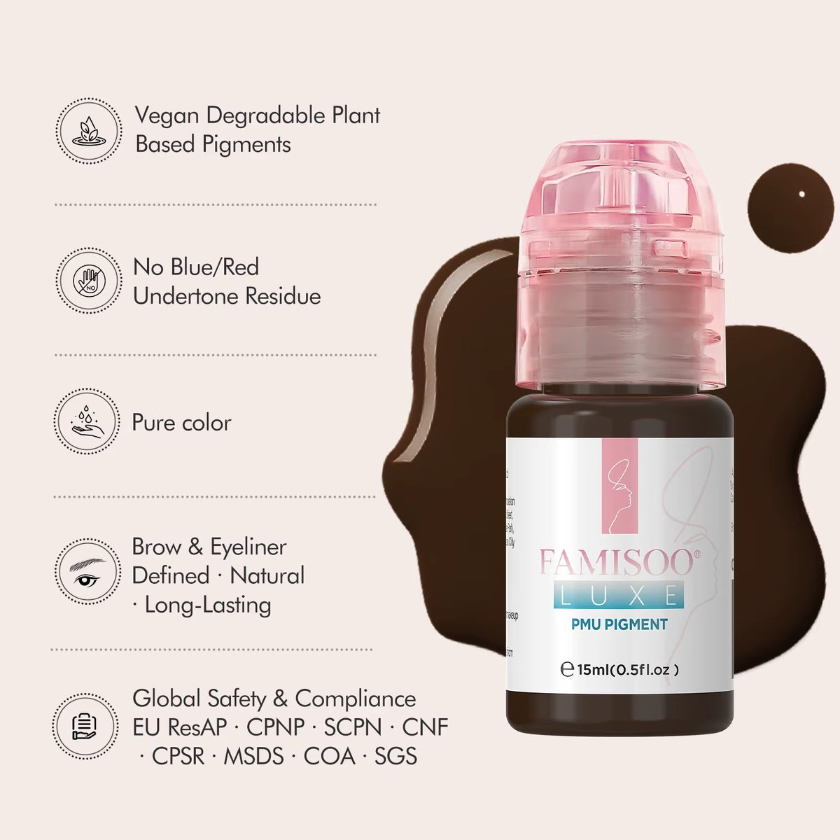 FAMISOO® LUXE 15ml Brow & Eyeliner PMU Pigment – 13 Liquid & Cream Colors for Nano Brows & Microblading