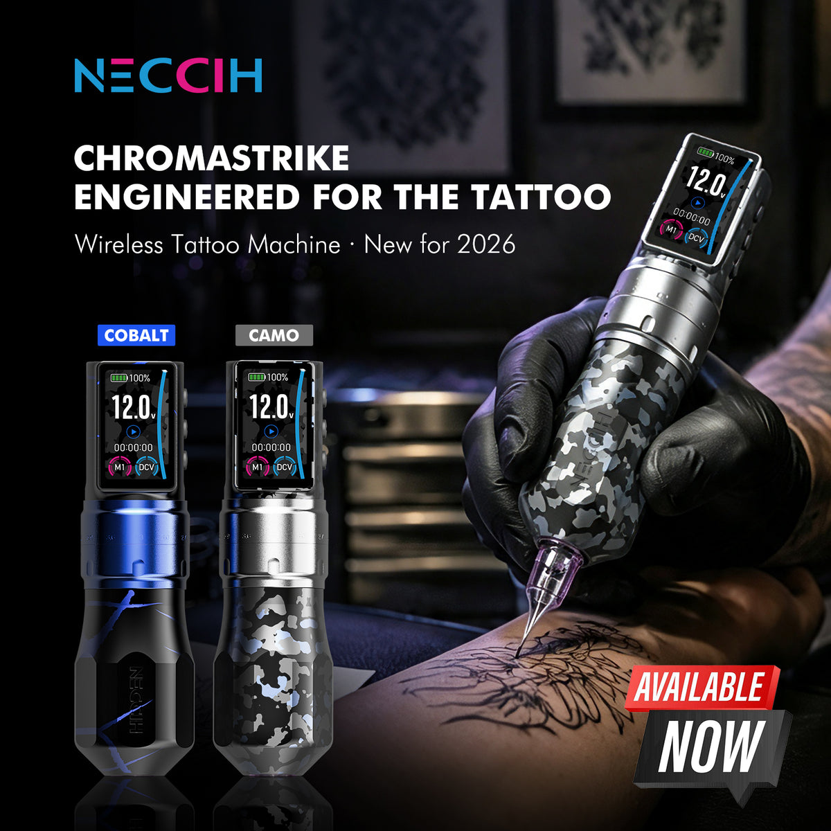 NECCIH CHROMASTRIKE Wireless Tattoo Machine – Adjustable Stroke, Dual 1800mAh Batteries
