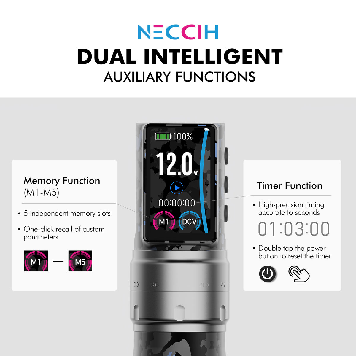 NECCIH CHROMASTRIKE Wireless Tattoo Machine – Adjustable Stroke, Dual 1800mAh Batteries