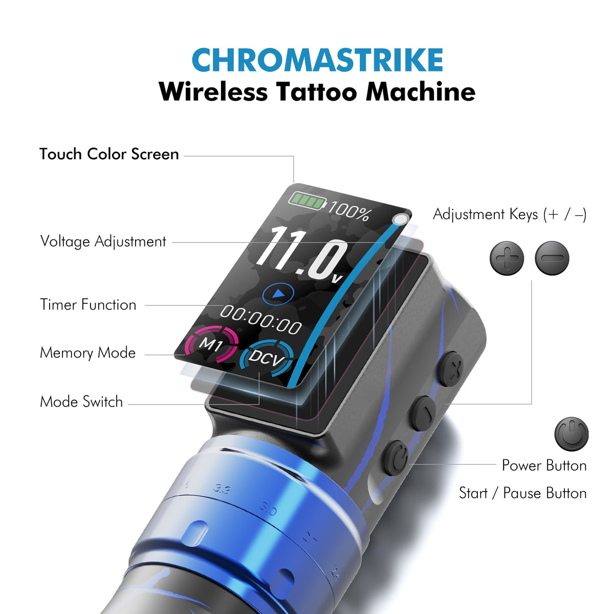 NECCIH CHROMASTRIKE Wireless Tattoo Machine – Adjustable Stroke, Dual 1800mAh Batteries