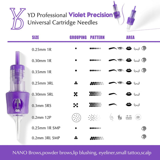 YD Violet Precision Universal PMU Cartridge Needles – 20 Pieces/Box